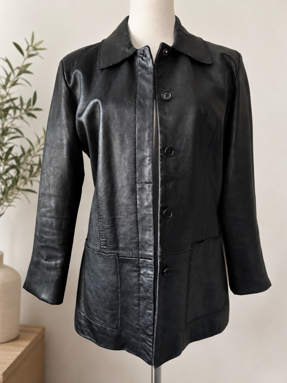 Vintage BCBG Black Leather Jacket – Women’s Size Small – Minimalist Y2K Style